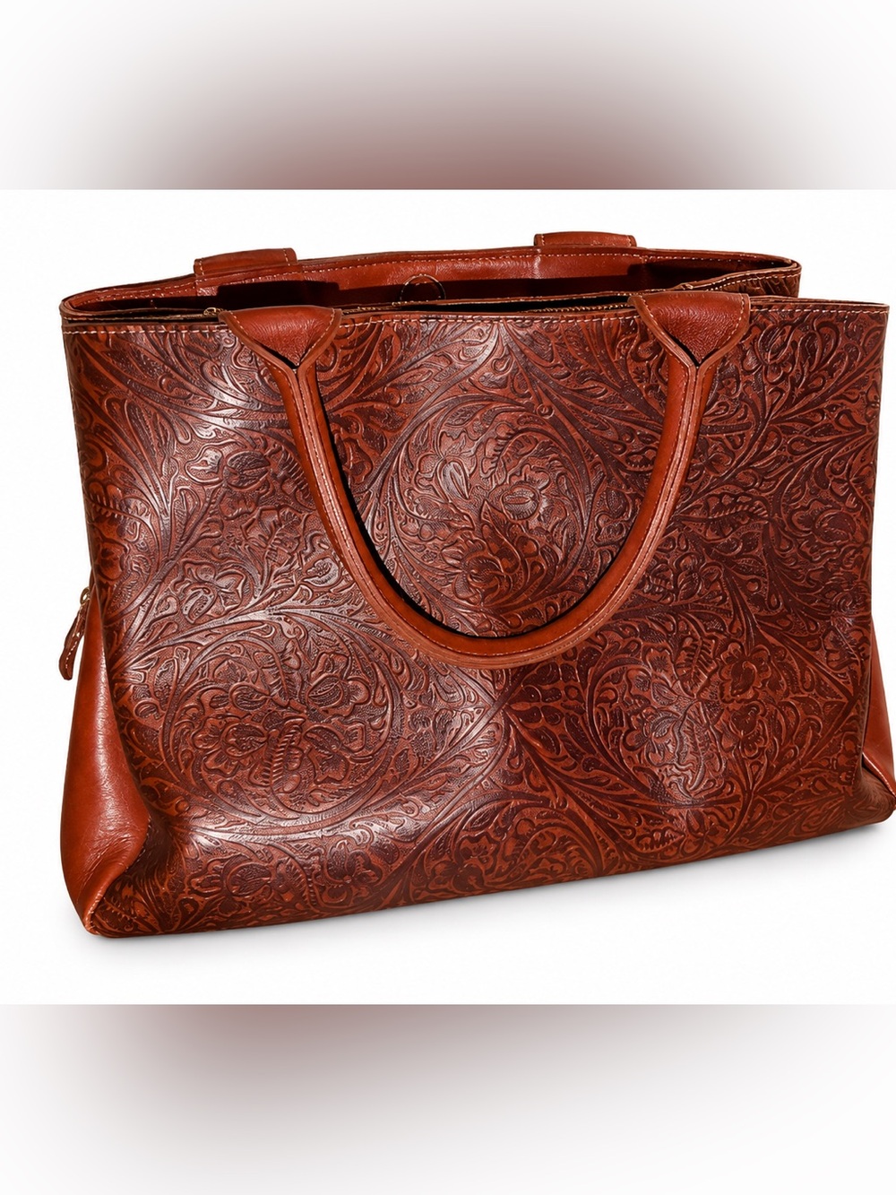 Authentic Roots Canada Embossed Floral Tooling Leather Tote Bag (with Dust Bag) - Picture 2 of 5